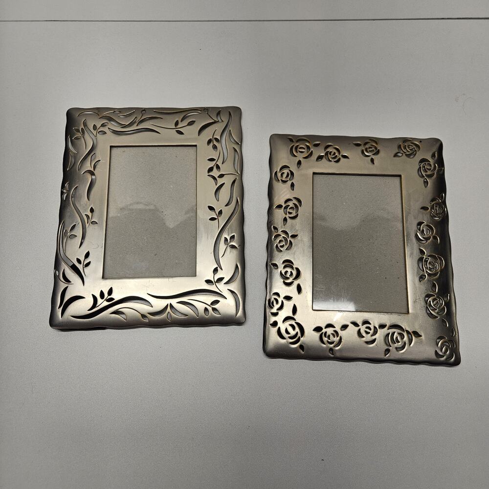 Vtg 90s HB Group Silver-Tone Flower Ornate Metal Photo Frame 4x6 Set Of 2